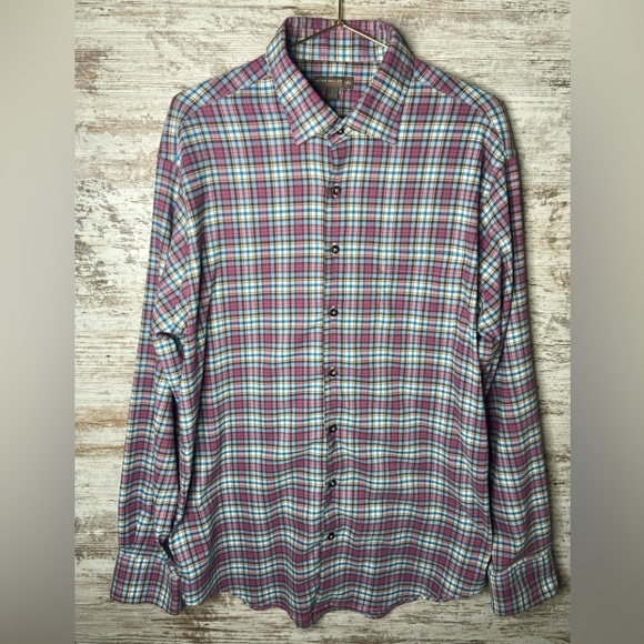 Peter Millar Crown Sport soft button down short plaid purple blue white Sz large - Picture 1 of 7